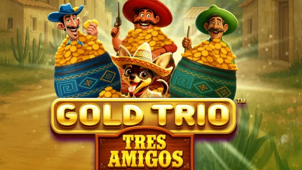 Tampilan visual slot Gold Trio: Tres Amigos dengan tema Meksiko yang ceria