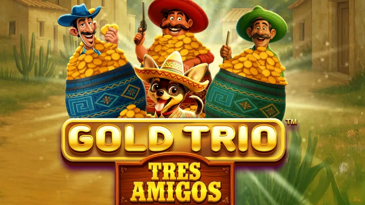 Tampilan visual slot Gold Trio: Tres Amigos dengan tema Meksiko yang ceria