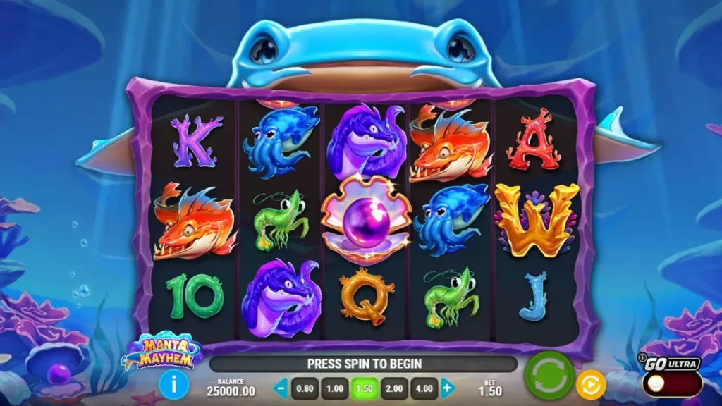 Tampilan visual slot Manta Mayhem dengan latar belakang terumbu karang yang cerah dan karakter manta ray.