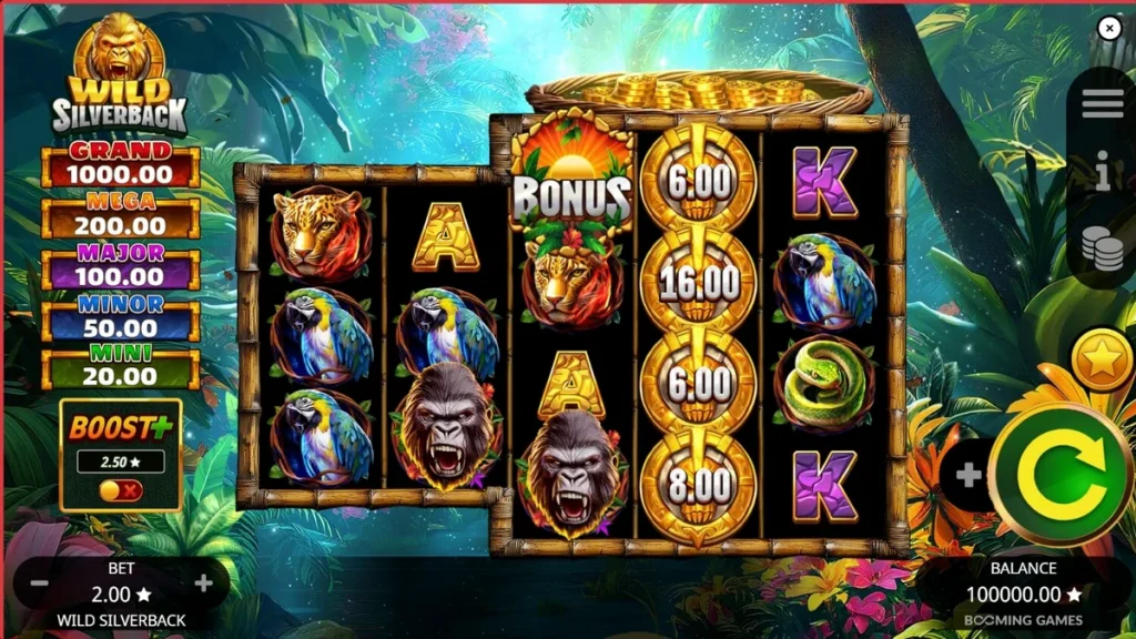 Tampilan visual slot Wild Silverback dengan latar belakang hutan tropis yang rimbun dan simbol gorila.
