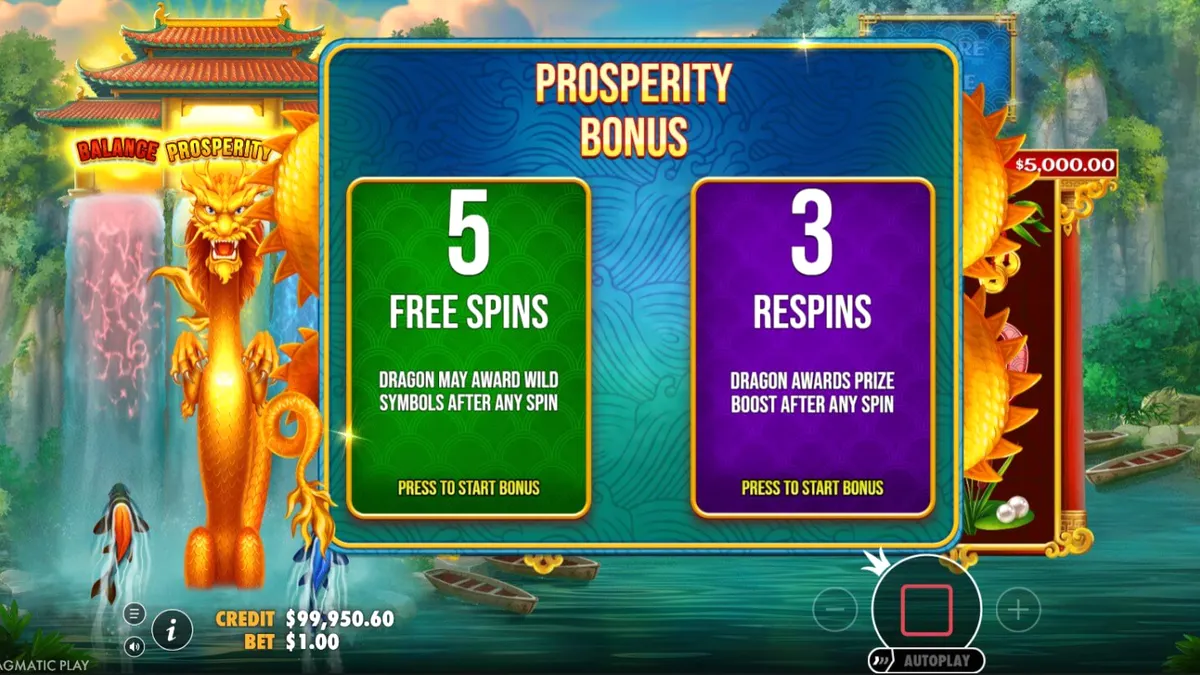 Visual naga emas dan simbol keberuntungan dalam slot Dragon’s Gate Bonus Choice